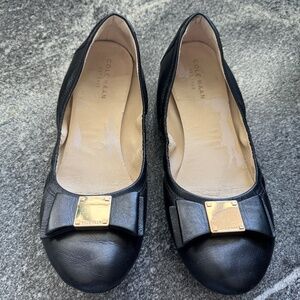 Cole Haan Black Leather Flats with Bow Accent